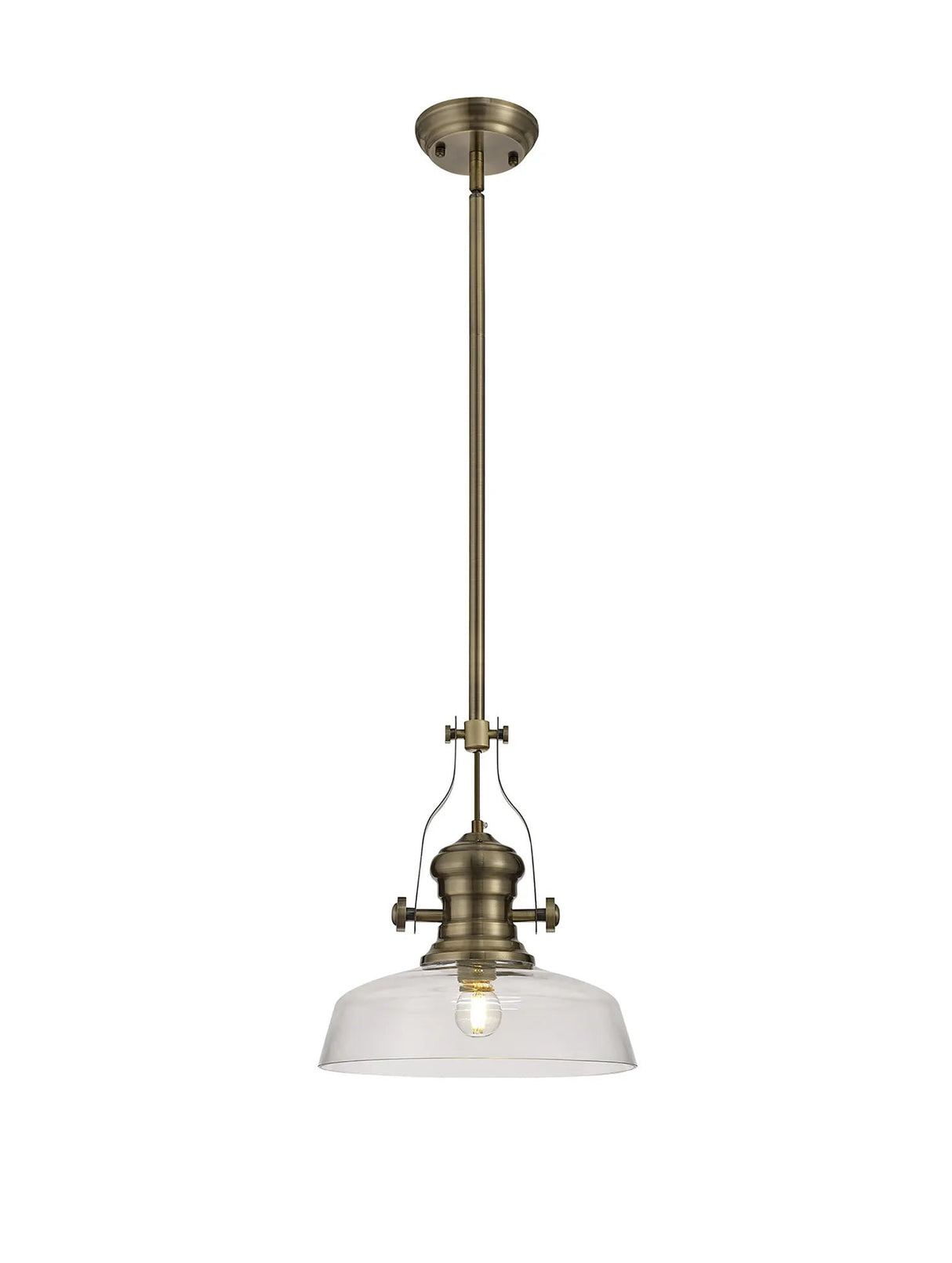Munro 1 Light Multi Height Pendant E27 With 30cm Flat Round Glass Shade, Antique Brass/Clear
