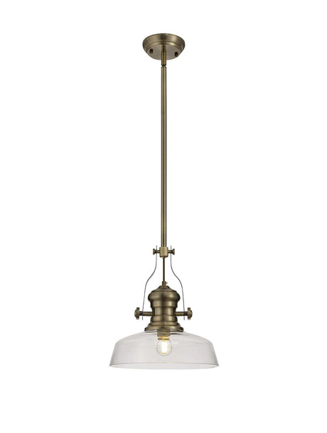 Munro 1 Light Multi Height Pendant E27 With 30cm Flat Round Glass Shade, Antique Brass/Clear