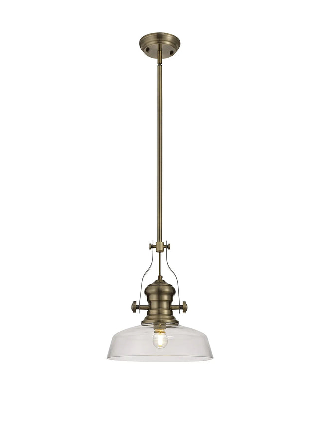 Munro 1 Light Multi Height Pendant E27 With 30cm Flat Round Glass Shade, Antique Brass/Clear