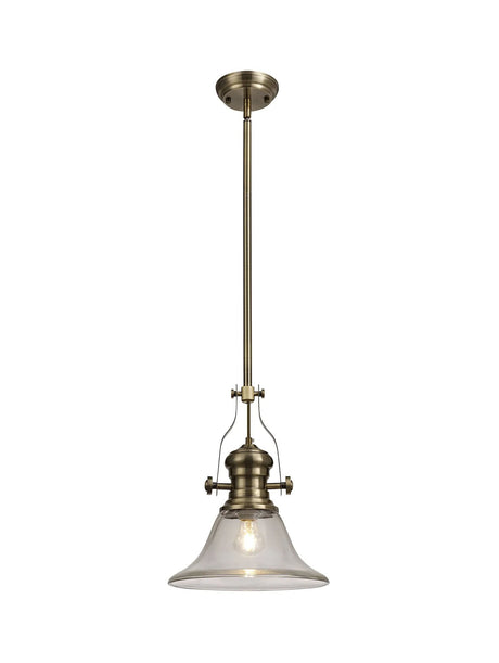 Munro 1 Light Multi Height Pendant E27 With 30cm Smooth Bell Glass Shade, Antique Brass/Clear