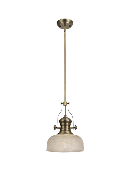 Munro 1 Light Multi Height Pendant E27 With 26.5cm Prismatic Glass Shade, Antique Brass/Clear