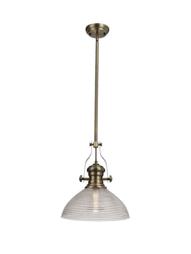 Munro 1 Light Multi Height Pendant E27 With 33.5cm Prismatic Glass Shade, Antique Brass/Clear