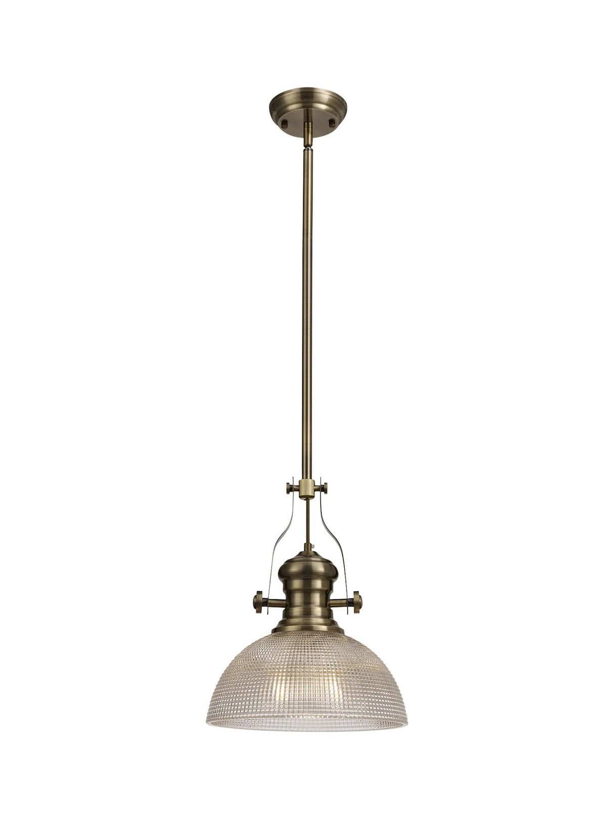 Munro 1 Light Multi Height Pendant E27 With 30cm Prismatic Glass Shade, Antique Brass/Clear