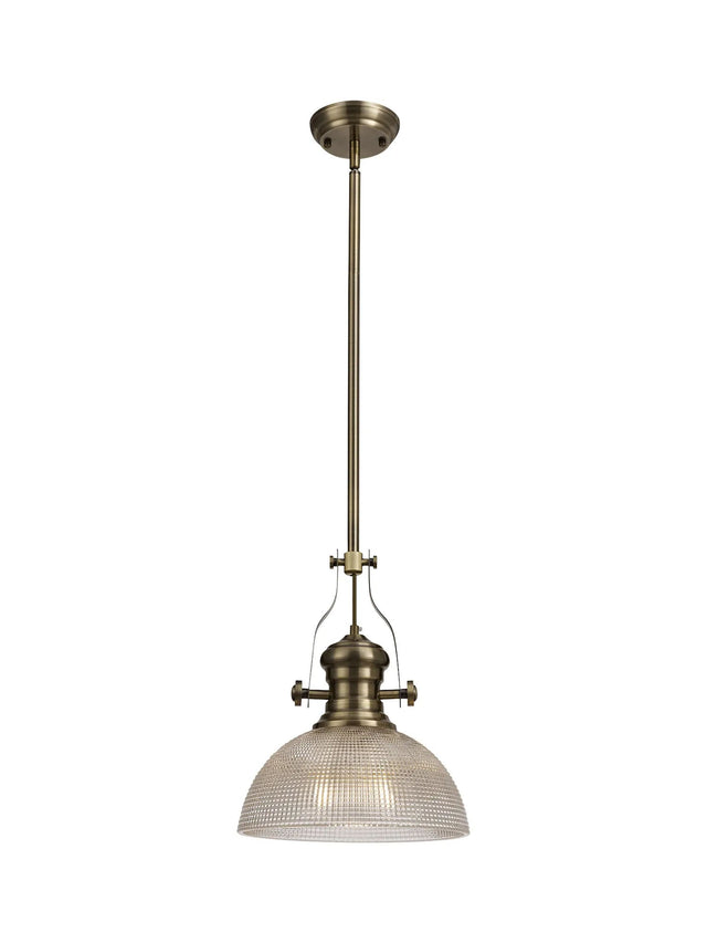 Munro 1 Light Multi Height Pendant E27 With 30cm Prismatic Glass Shade, Antique Brass/Clear