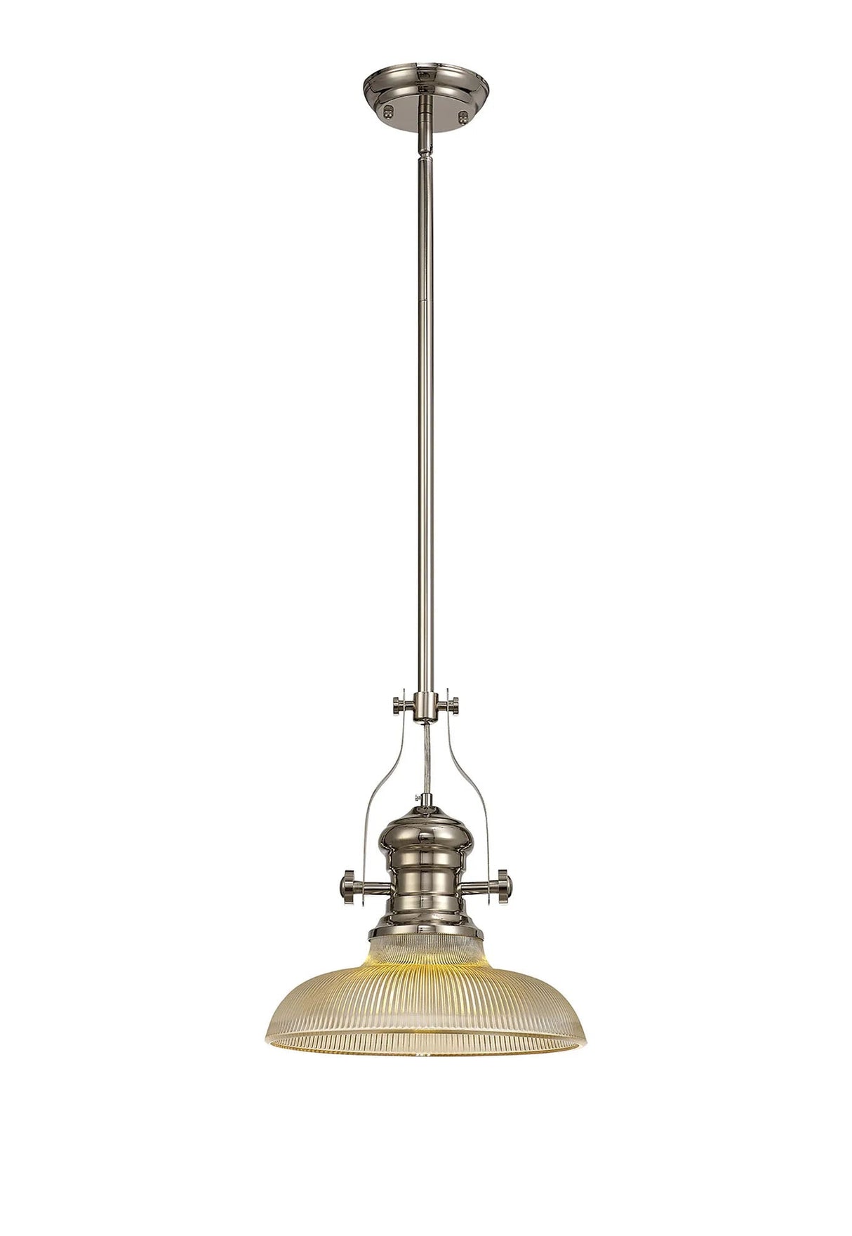 Munro 1 Light Multi Height Pendant E27 With 30cm Round Glass Shade, Polished Nickel/Amber