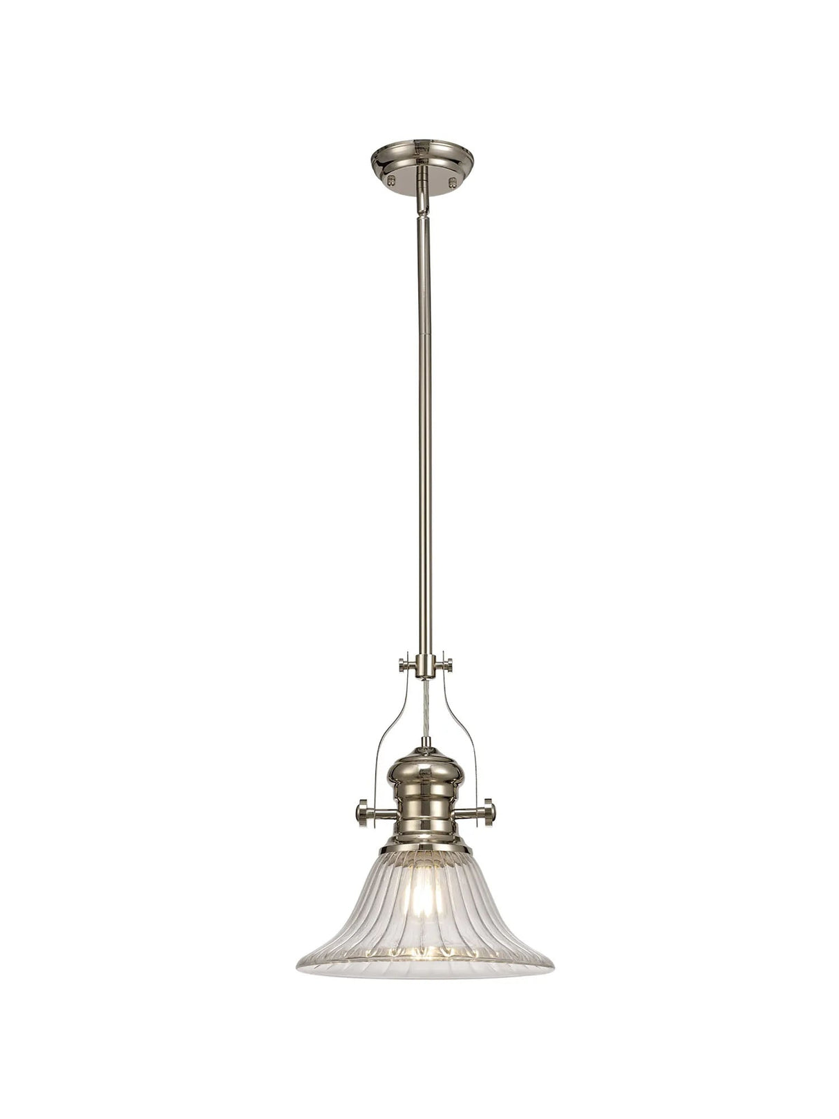 Munro 1 Light Multi Height Pendant E27 With 30cm Bell Glass Shade, Polished Nickel/Clear