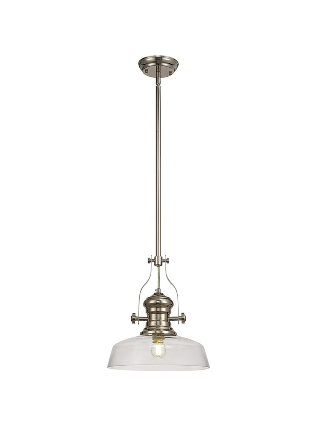 Munro 1 Light Multi Height Pendant E27 With 30cm Flat Round Glass Shade, Polished Nickel/Clear
