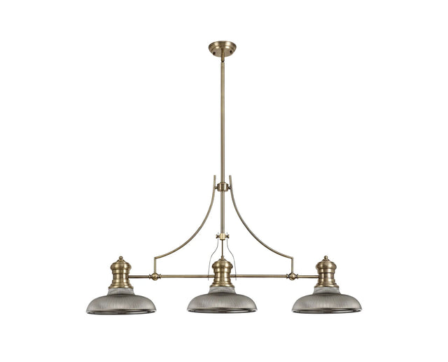 Munro 3 Light Linear Multi Height Pendant E27 With 30cm Round Glass Shade, Antique Brass, Smoked
