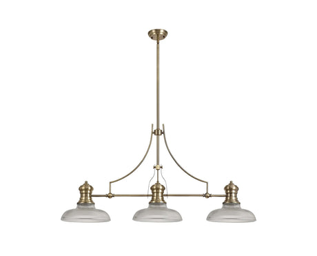 Munro 3 Light Linear Multi Height Pendant E27 With 30cm Round Glass Shade, Antique Brass, Clear