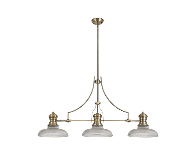 Munro 3 Light Linear Multi Height Pendant E27 With 30cm Round Glass Shade, Antique Brass, Clear
