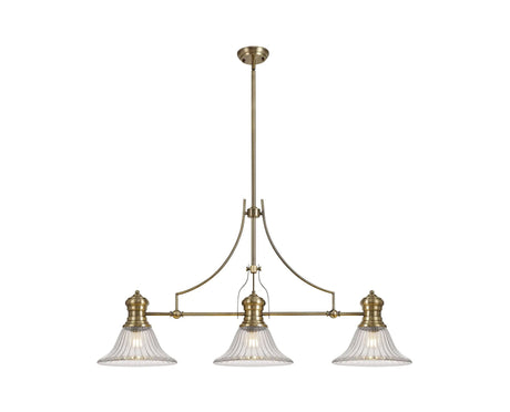 Munro 3 Light Linear Multi Height Pendant E27 With 30cm Bell Glass Shade, Antique Brass, Clear