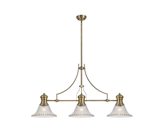 Munro 3 Light Linear Multi Height Pendant E27 With 30cm Bell Glass Shade, Antique Brass, Clear