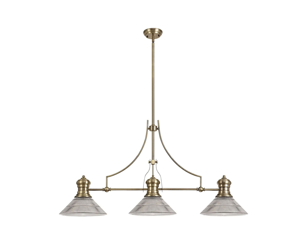 Munro 3 Light Linear Multi Height Pendant E27 With 30cm Cone Glass Shade, Antique Brass, Clear