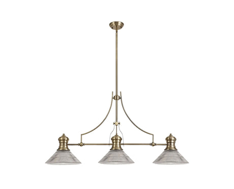 Munro 3 Light Linear Multi Height Pendant E27 With 30cm Cone Glass Shade, Antique Brass, Clear