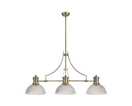 Munro 3 Light Linear Multi Height Pendant E27 With 30cm Dome Glass Shade, Antique Brass, Clear