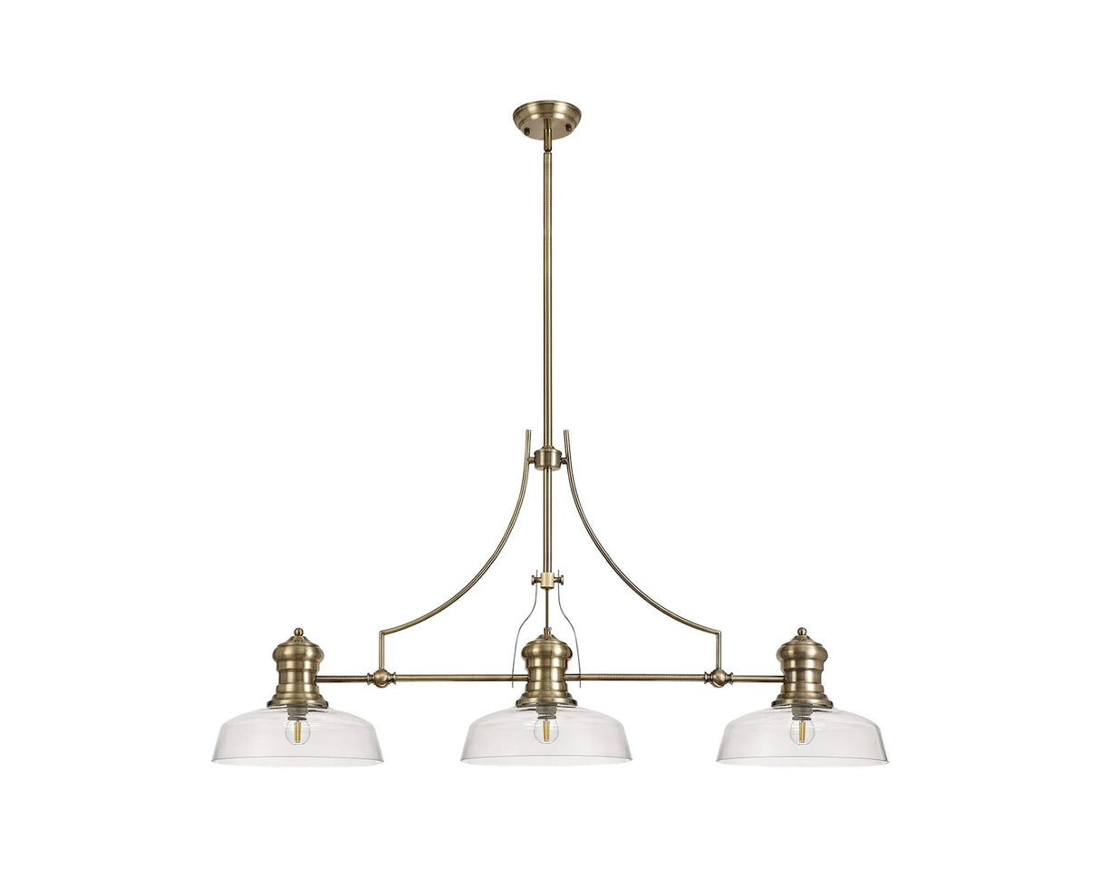 Munro 3 Light Linear Multi Height Pendant E27 With 30cm Flat Round Glass Shade, Antique Brass, Clear