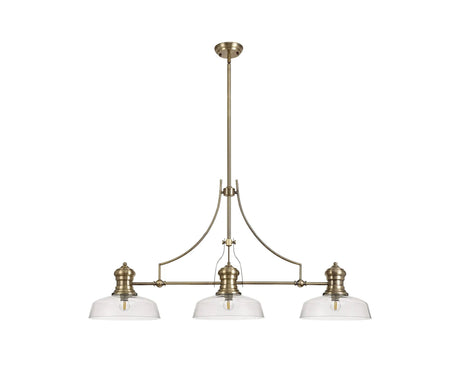 Munro 3 Light Linear Multi Height Pendant E27 With 30cm Flat Round Glass Shade, Antique Brass, Clear