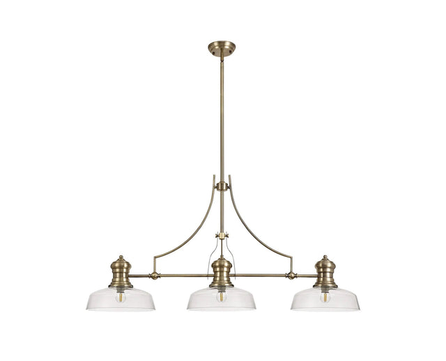 Munro 3 Light Linear Multi Height Pendant E27 With 30cm Flat Round Glass Shade, Antique Brass, Clear
