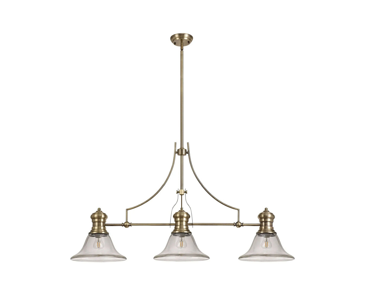 Munro 3 Light Linear Multi Height Pendant E27 With 30cm Smooth Bell Glass Shade, Antique Brass, Clear