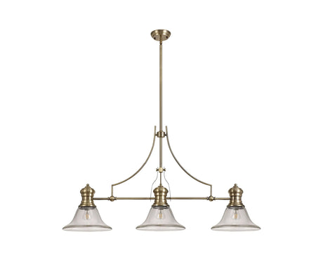 Munro 3 Light Linear Multi Height Pendant E27 With 30cm Smooth Bell Glass Shade, Antique Brass, Clear