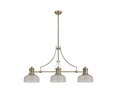 Munro 3 Light Linear Multi Height Pendant E27 With 26.5cm Prismatic Glass Shade, Antique Brass, Clear