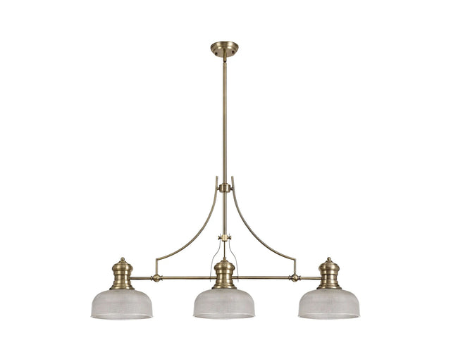 Munro 3 Light Linear Multi Height Pendant E27 With 26.5cm Prismatic Glass Shade, Antique Brass, Clear
