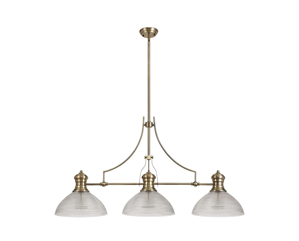 Munro 3 Light Linear Multi Height Pendant E27 With 33.5cm Prismatic Glass Shade, Antique Brass, Clear