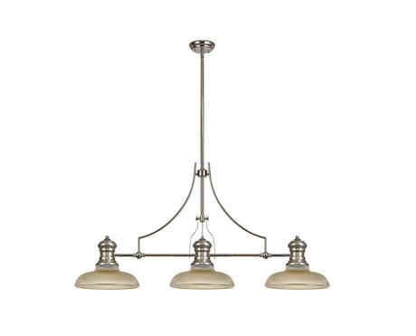 Munro 3 Light Linear Multi Height Pendant E27 With 30cm Round Glass Shade, Polished Nickel, Amber