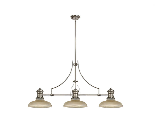Munro 3 Light Linear Multi Height Pendant E27 With 30cm Round Glass Shade, Polished Nickel, Amber