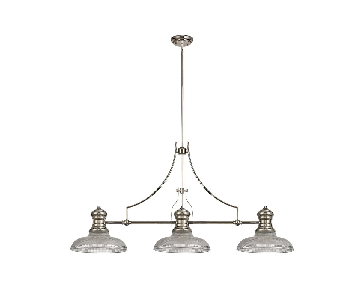 Munro 3 Light Linear Multi Height Pendant E27 With 30cm Round Glass Shade, Polished Nickel, Clear