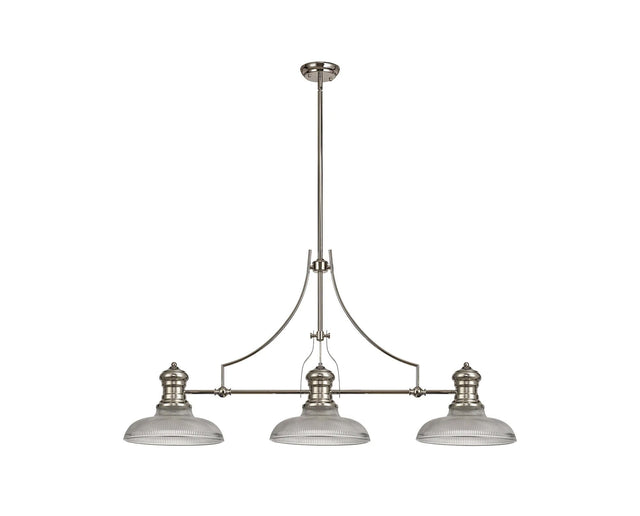 Munro 3 Light Linear Multi Height Pendant E27 With 30cm Round Glass Shade, Polished Nickel, Clear