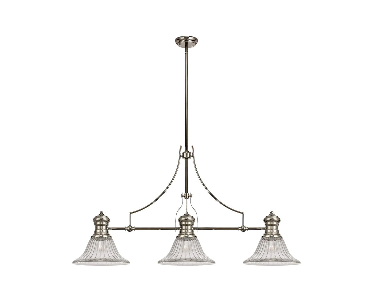 Munro 3 Light Linear Multi Height Pendant E27 With 30cm Bell Glass Shade, Polished Nickel, Clear