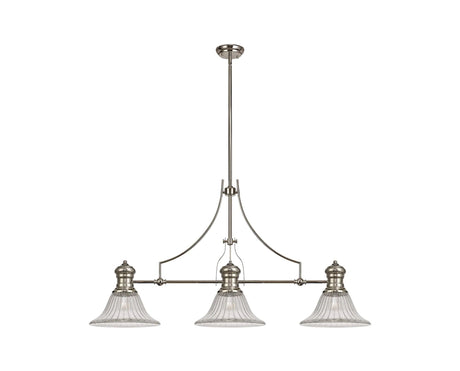 Munro 3 Light Linear Multi Height Pendant E27 With 30cm Bell Glass Shade, Polished Nickel, Clear