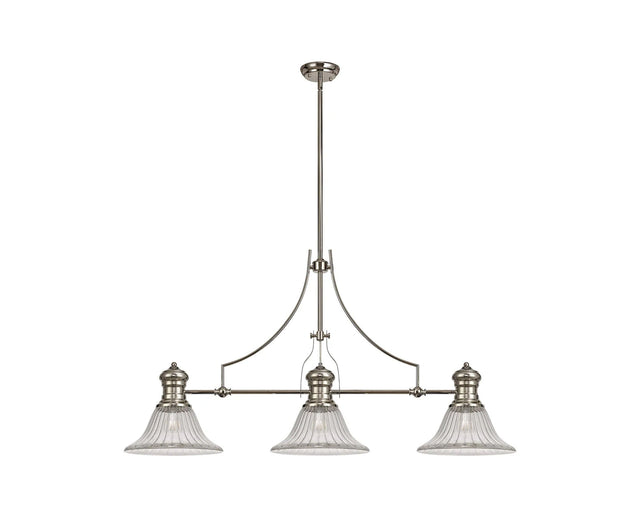 Munro 3 Light Linear Multi Height Pendant E27 With 30cm Bell Glass Shade, Polished Nickel, Clear