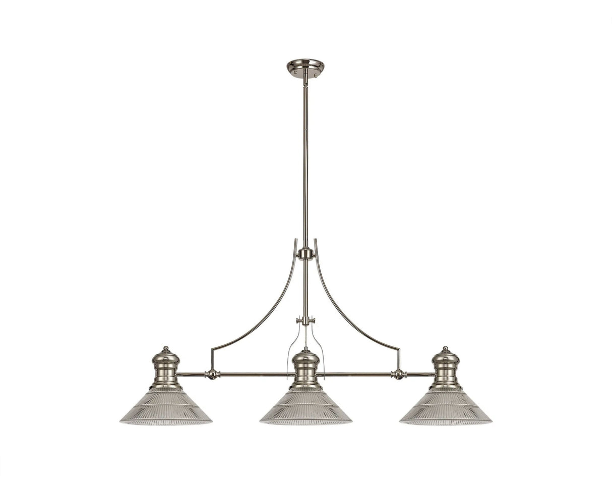 Munro 3 Light Linear Multi Height Pendant E27 With 30cm Cone Glass Shade, Polished Nickel, Clear