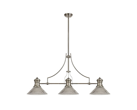 Munro 3 Light Linear Multi Height Pendant E27 With 30cm Cone Glass Shade, Polished Nickel, Clear