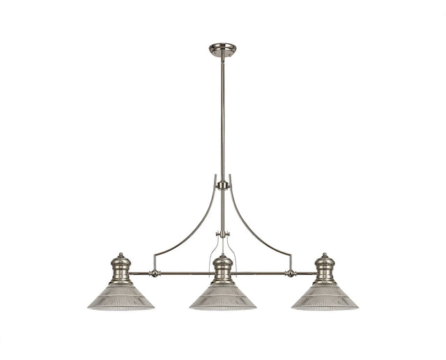 Munro 3 Light Linear Multi Height Pendant E27 With 30cm Cone Glass Shade, Polished Nickel, Clear