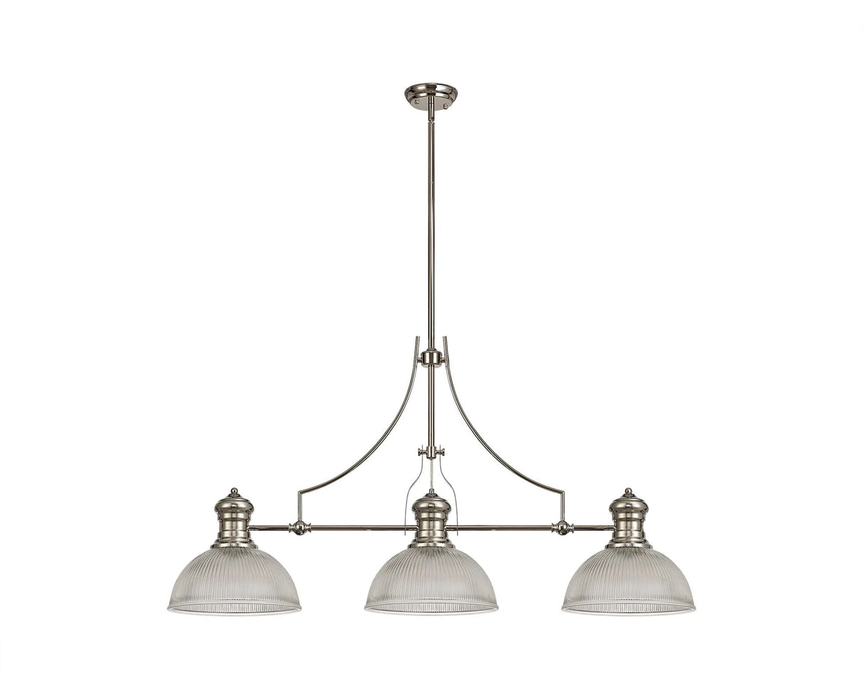Munro 3 Light Linear Multi Height Pendant E27 With 30cm Dome Glass Shade, Polished Nickel, Clear
