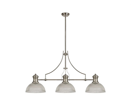 Munro 3 Light Linear Multi Height Pendant E27 With 30cm Dome Glass Shade, Polished Nickel, Clear