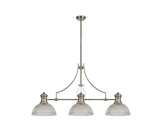 Munro 3 Light Linear Multi Height Pendant E27 With 30cm Dome Glass Shade, Polished Nickel, Clear