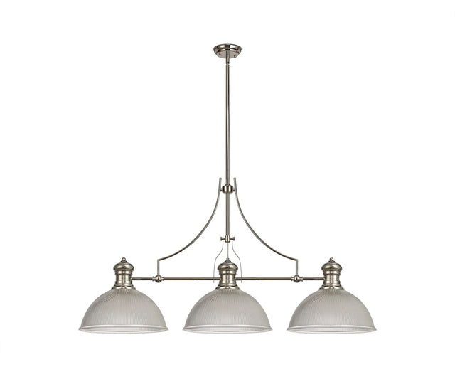 Munro 3 Light Linear Multi Height Pendant E27 With 38cm Dome Glass Shade, Polished Nickel, Clear