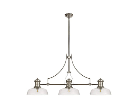 Munro 3 Light Linear Multi Height Pendant E27 With 30cm Flat Round Glass Shade, Polished Nickel, Clear