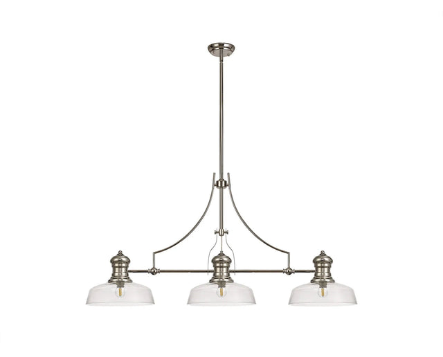 Munro 3 Light Linear Multi Height Pendant E27 With 30cm Flat Round Glass Shade, Polished Nickel, Clear