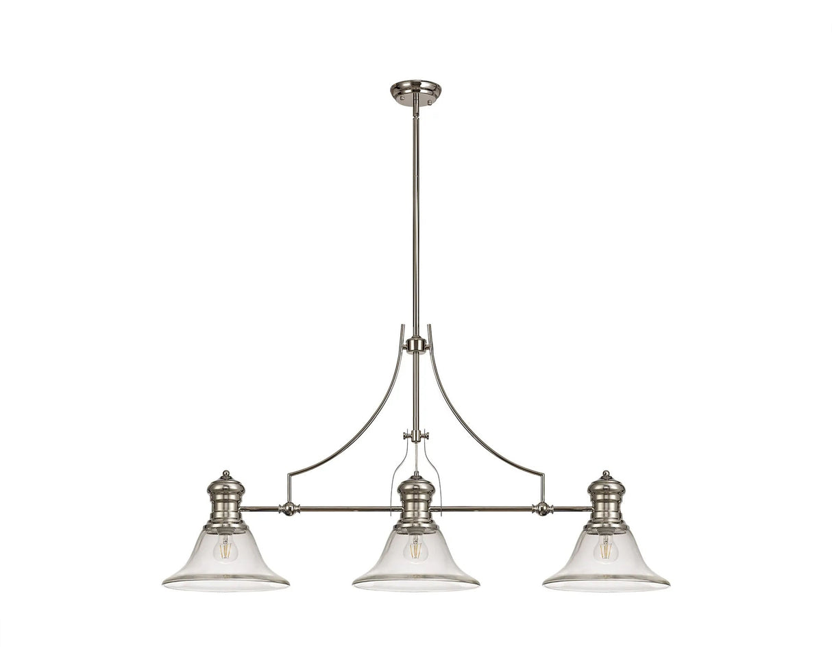 Munro 3 Light Linear Multi Height Pendant E27 With 30cm Smooth Bell Glass Shade, Polished Nickel, Clear
