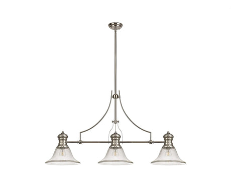 Munro 3 Light Linear Multi Height Pendant E27 With 30cm Smooth Bell Glass Shade, Polished Nickel, Clear