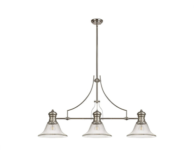 Munro 3 Light Linear Multi Height Pendant E27 With 30cm Smooth Bell Glass Shade, Polished Nickel, Clear