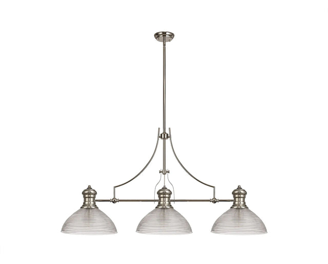 Munro 3 Light Linear Multi Height Pendant E27 With 33.5cm Prismatic Glass Shade, Polished Nickel, Clear