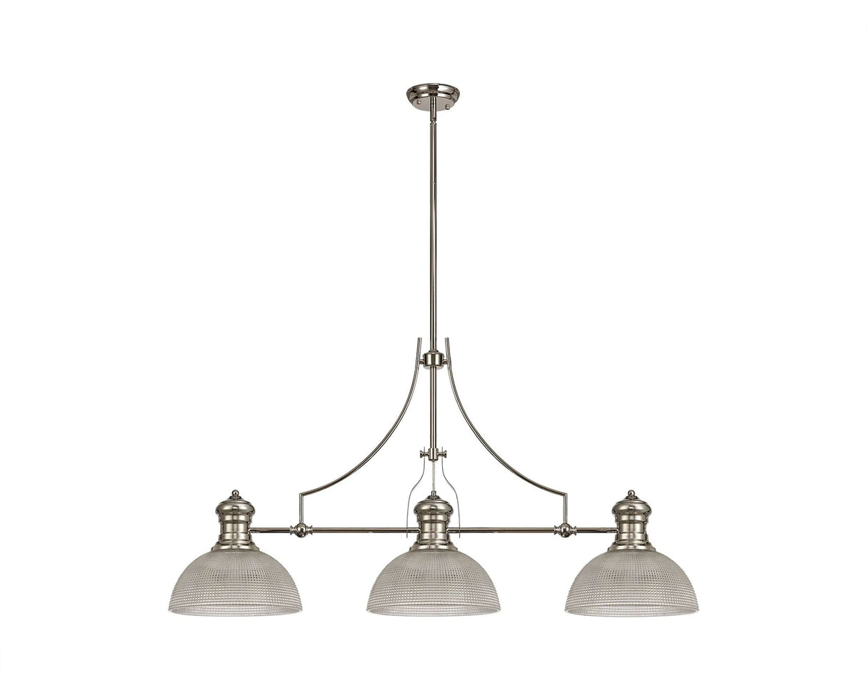Munro 3 Light Linear Multi Height Pendant E27 With 30cm Prismatic Glass Shade, Polished Nickel, Clear
