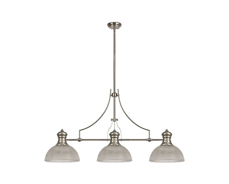 Munro 3 Light Linear Multi Height Pendant E27 With 30cm Prismatic Glass Shade, Polished Nickel, Clear
