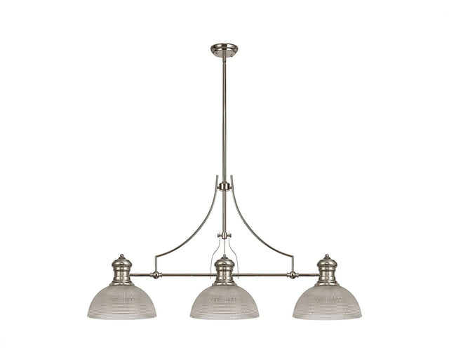 Munro 3 Light Linear Multi Height Pendant E27 With 30cm Prismatic Glass Shade, Polished Nickel, Clear